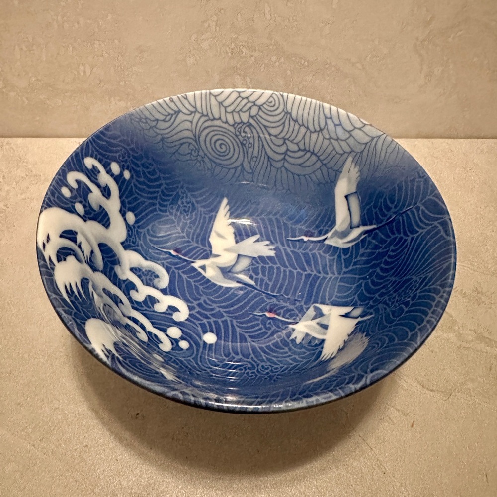Japanese Porcelain Rice Soup Bowl Tsuru Crane Wave Japan Arita Style Blue 6”D